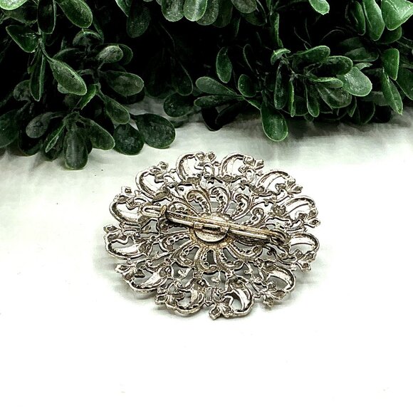 Vintage Textured Filigree Floral Burst Statement Brooch Silver Tone - Picture 4 of 5